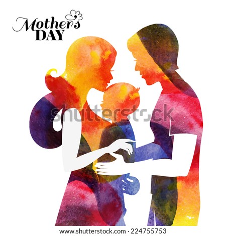 Family. Watercolor mother silhouette with her baby and husband. Card of Happy Mothers Day. Vector illustration with beautiful woman, man and child