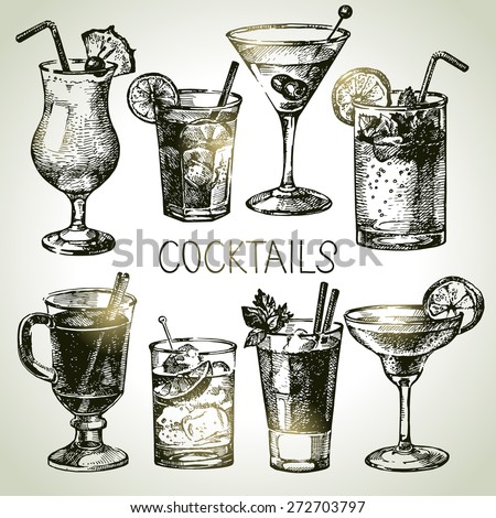 Hand drawn sketch set of alcoholic cocktails. Vector illustration