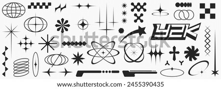 Retro futuristic elements for design. Collection of abstract graphic geometric symbols and shapes in y2k style. Templates for posters, banners, stickers, business cards