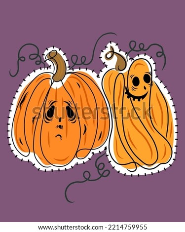 
A couple of halloween pumpkins with scary and funny faces. They rest one on top of the other and are located within a white border that looks like a woven patch