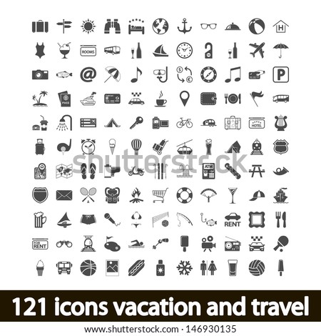 121 icons vacation and travel. Vector illustration.