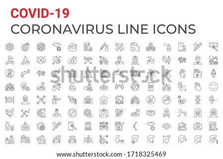 Coronavirus COVID-19 pandemic respiratory pneumonia disease related vector icons set line style. Included icons symptoms, transmission, prevention, treatment, virus, contagious, infection 2019-nCoV