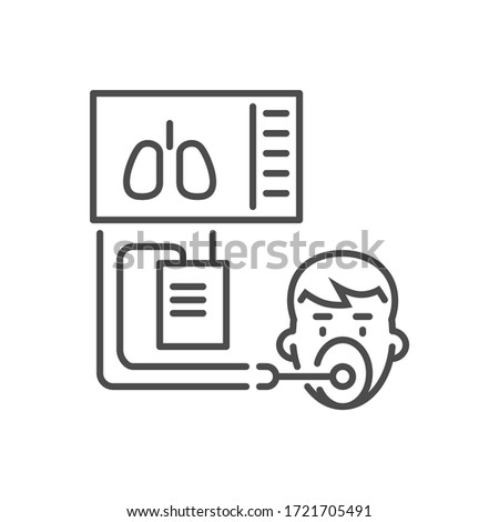 Medical ventilator related vector thin line icon. Ventilator with the image of the lungs and a human head with a mask. Isolated on white background. Editable stroke. Vector illustration.