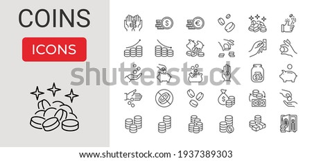 Set of Coins Related Vector Line Icons. Contains such Icons as Coins Stack, Donation, Tips Jar, Piggy Bank, Coin Toss, Exchange Money, Saving, Banknote Stack, Euro and Dollar Sign. Editable Stroke.