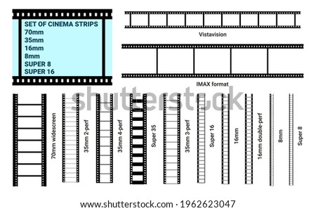 Old retro film strip frame set isolated on white background. Reel cinema filmstrip template. Graphic element. Vector illustration. Vistavision, super 8, super 16, Imax, 70mm, 35mm, 8mm, 16mm.