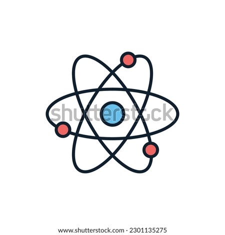 Atom related vector line icon. Nuclear energy source. Science symbol. Atomic structure model. Electrons, neutrons and protons. Atom core elements. Nuclear matter and power. Vector illustration