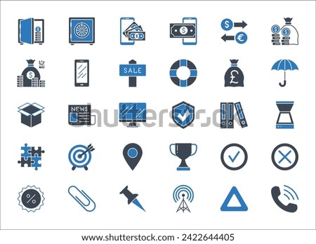 Business, banking and finance vector icons set glyph blue. Icons for business, management, finance, strategy, banking, marketing and accounting for mobile concepts and web. Modern pictogram