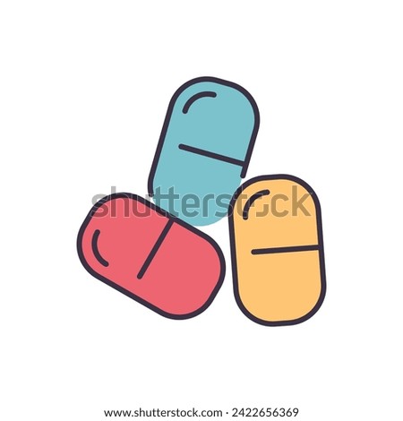Pills related vector line icon. Pills linear icon. Pharmaceutical product. Vitamin for personal healthcare. Capsules with aspirin. Isolated on white background. Vector illustration Editable stroke