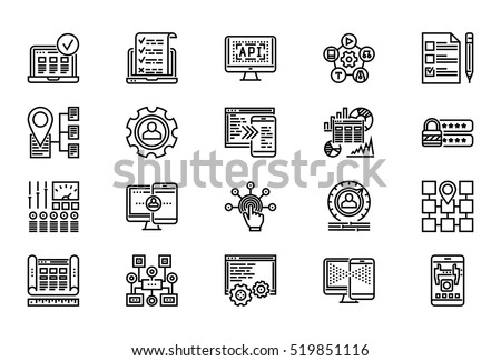Web Development Thin Line Related Icons Set of Web Design and Website Customization on White Background. Simple Mono Linear Pictogram Stroke Vector Logo Concept. Editable Stroke. 48x48 Pixel Perfect.