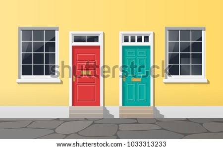 colorful house facade with two doors and windows