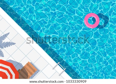 swimming pool top view background. water ring umbrella lounger