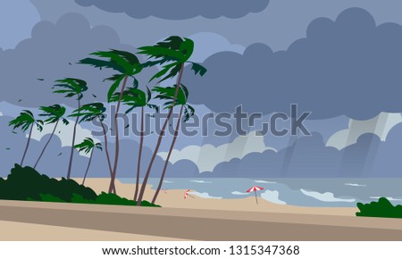 stormy weather beach landscape with palms sea waves  cloudy sky