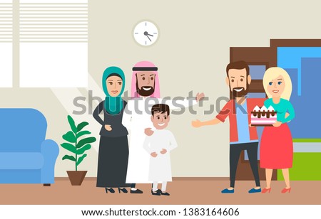 caucasian  couple visiting to neighbors arabic family home with cake