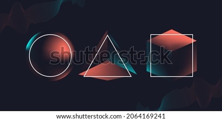 business card design with geometric shapes circle triangle square and 3d figures sphere pyramid cube on dark background vector illustration