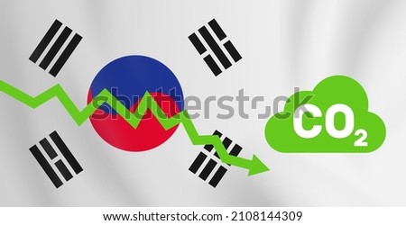 South Korea reducing co2 carbon dioxide emission  graph down  on flag background vector illustration