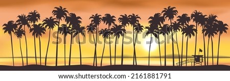 sunset on the beach palm trees  lifeguard tower ocean beautiful summer landscape panorama vector illustration