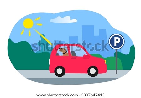heat stroke locked  dog inside the parked car in the sun vector illustration 