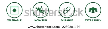 Icons of washable, non-slip, extra thick, durable bathtub mats. Rounded outlined vector icons in green color