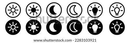 Mobile apps or website screen brightness icon set. Day and night mode. sun, moon, and lamp or bulb sign in filled and outlined icon set. Black and white vector illustration. 