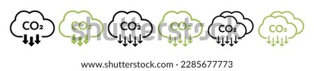 Reduce co2 gas icon set. carbon reduction cloud sign. cut c02 pictogram. zero carbon emission. zero greenhouse gas low co2 logo. cut carbon bubble vector. line Stock vector in black and green collecti