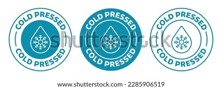 Cold pressed oil icon set in blue color. isolated high cold pressed juice stamp collection.