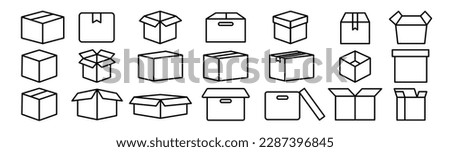 Box icon set. Product package cardboard shipping parcel box icon collection. Open and close outlined carton box vector sign. Open empty cube package. Stock vector