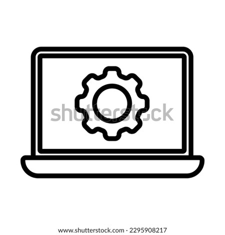Data management icon. Laptop with cog wheel in screen. Black outline stock vector