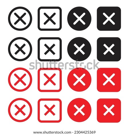 Close icon set in black and red color. close button in round and square shape with filled and outlined.
