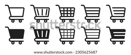 Shopping cart icon vector set. Retail supermarket trolley symbol. Simple grocery basket line icon set. Online purchase or buy cart sign. Add to cart symbol. 