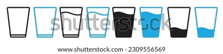 Water glass icon vector set in blue and back flat outline. Tall milk drink glass line pictogram. Stock vector