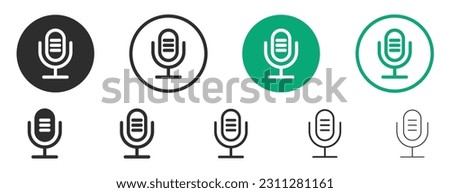 Microphone mic icon set. Radio podcast mic icons. Broadcast microphone vector symbols. Interview mic icon set. Audio record thin outline signs. 