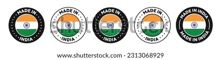 Made in india icon set. Indian made logo collection. Manufactured in india vector stamp with indian flag.