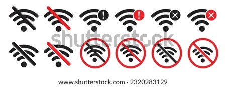 No wifi signal vector icon set in black and red color. Internet service ban icon. Network connection error sign. Connection lost symbol. 