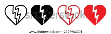 heart break icon set in black and red color. broken or cracked heart vector line symbol. divorce or separation heartbreak sign. simple breakup outline and fill symbol.