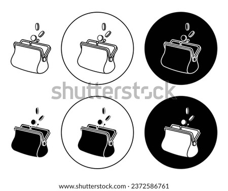 Purse and coins icon set. woman wallet vector symbol in black filled and outlined style.
