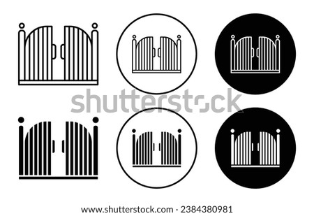 Gate icon set. closed garden steel gate vector symbol. farm house iron gate sign in black filled and outlined style.