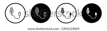 Plug USB cable icon set. computer data transfer code vector symbol. charger wire cord icon in black filled and outlined