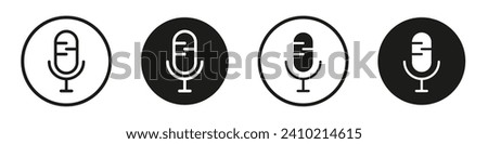 Microphone icon set. Vocal audio recording podcast mic vector symbol in a black filled and outlined style. Record music and speech mic sign.
