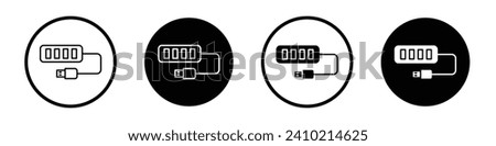 USB hub icon set. Laptop Hardware connection USB hub in a black filled and outlined style. Charger and adapter usb board sign.
