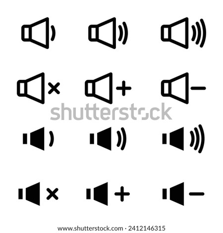 Speaker volume icon set. Mute and silent audio broadcast noise vector symbol in a black filled and outlined style. Off ringtone speaker volume sign.
