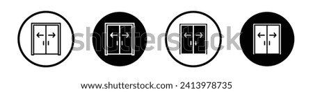 Automatic opening door icon set. Opening auto slide glass vector symbol in a black filled and outlined style. Double glass auto door sign.