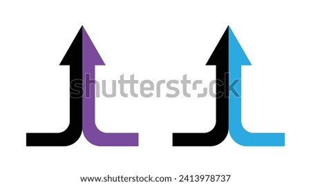 Two arrows merging into one icon set. Two arrows junction together vector symbol in a black filled and outlined style. Vertical two arrows unite sign.