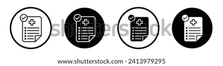 Diagnosis report icon set. Clinic doctor clipboard vector symbol in a black filled and outlined style. Medic case diagnostic shield sign.