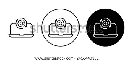 Data processing icon Set. Laptop Data process technology vector symbol in black filled and outlined style. Cog file statistics share automation sign.