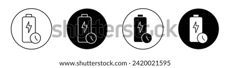 Battery time icon set. Mobile battery charging vector symbol in a black filled and outlined style.Battery capacity clock sign.