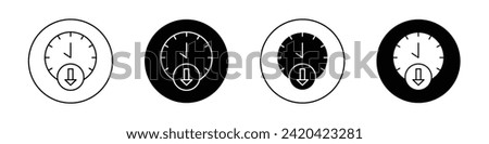 Less time icon set. Reduce clock hourglass and low time vector symbol in a black filled and outlined style. Time reduction circle stop watch sign.