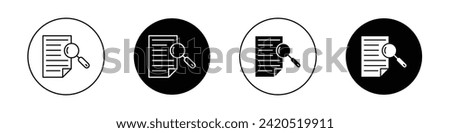 Case studies icon set. Research Review Magnifying Study report vector symbol in a black filled and outlined style. Report paper Marketing Analysis Knowledge Sign.