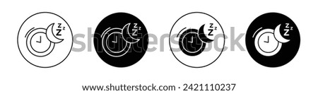 Sleeping time icon set. Late night clock hour shift routine vector symbol in a black filled and outlined style. Peaceful Moon rest night sign.