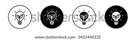 Green Eco Energy Icon Set. Sustainable eco electric lightbulb Vector Symbol in Black Filled and Outlined Style. Environment Friendly electric idea Sign.