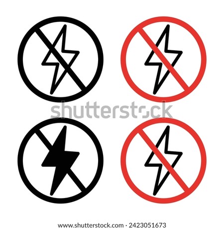 Flash Off Icon Set. Camera Auto and Power Flash Vector symbol in a black filled and outlined style. Energy Control Sign